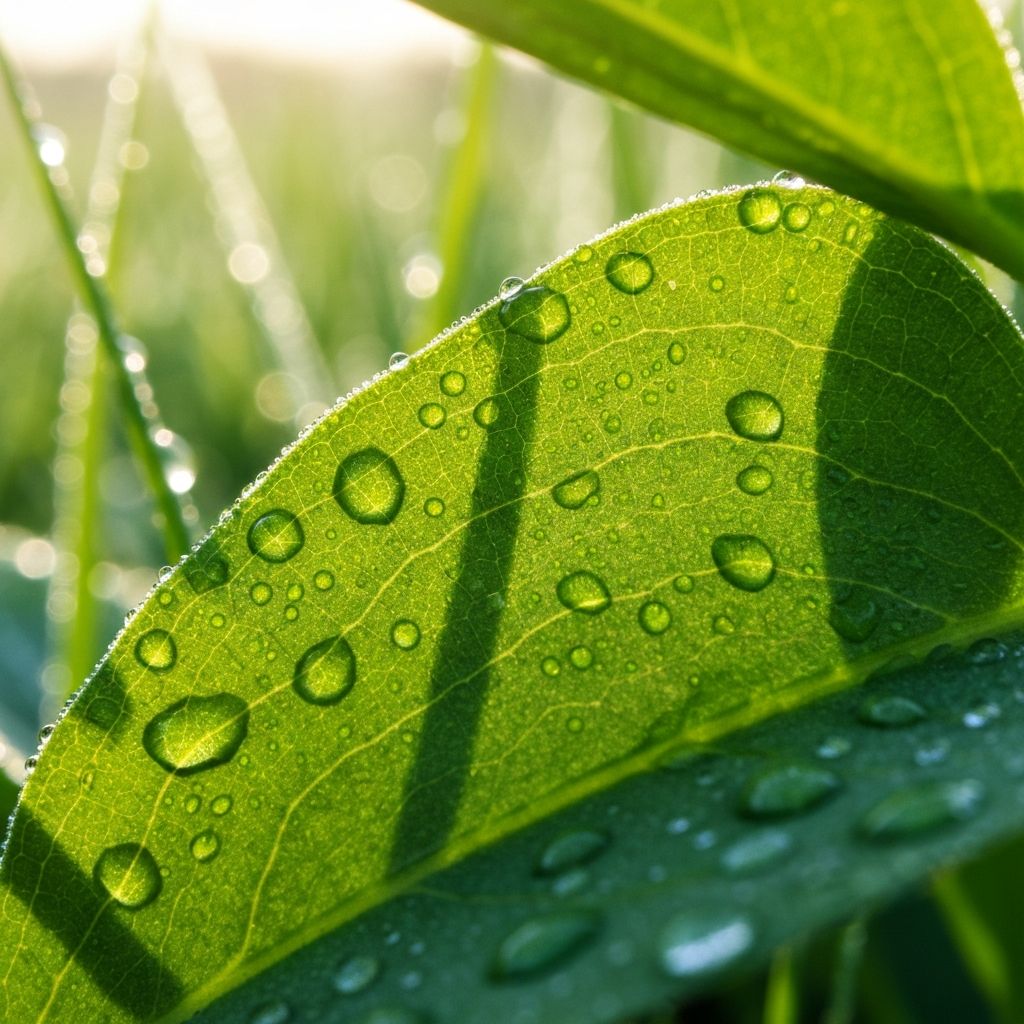 Daun hijau dengan tetes embun